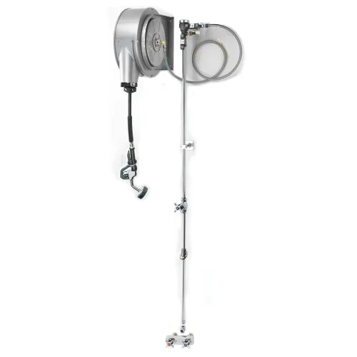 Krowne 24501 - Hose Reel Assembly - Enclosed Gray Powder Coated - 4" Center Faucet - Water Feed Outside Wall